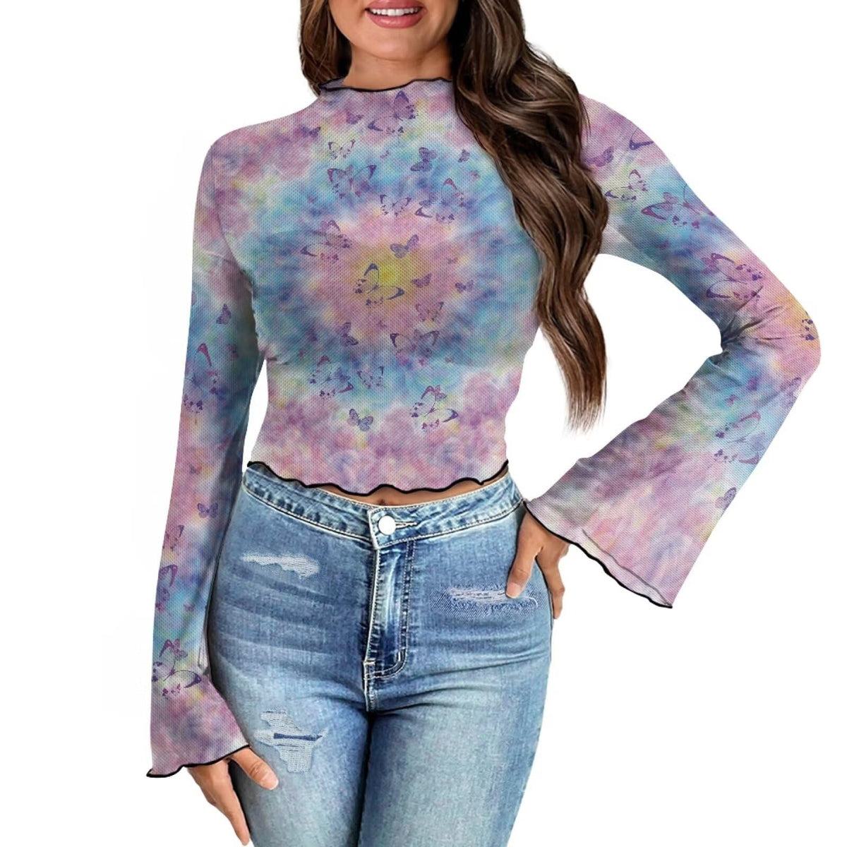 T-shirt à manches longues, crop top, blouse moulante à manches évasées, top en maille pour femme, style années 2000, tailles S à XL
