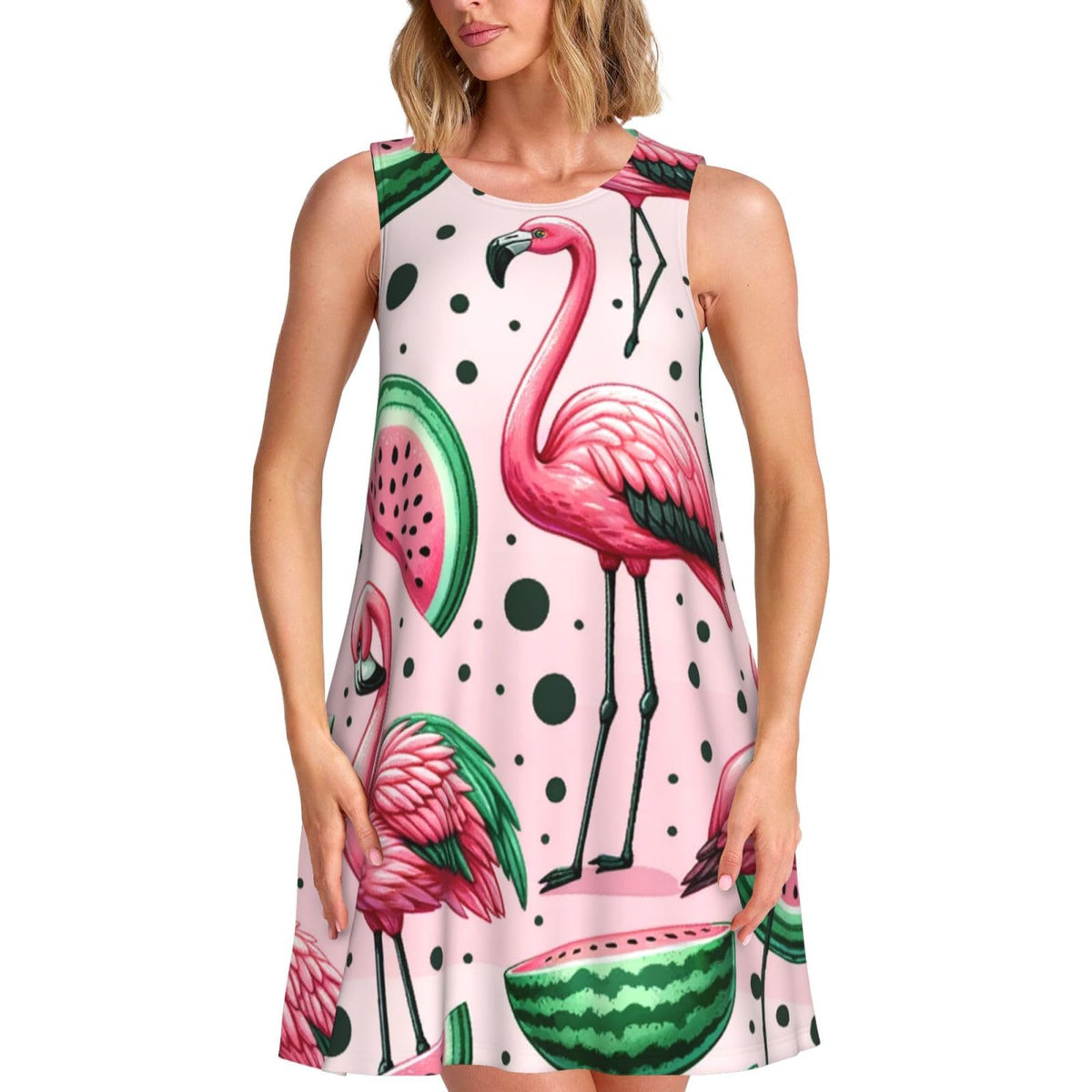 sans manches Summery-Flamingos-Watermelon pour femme, avec 2 poches latérales, coupe trapèze.